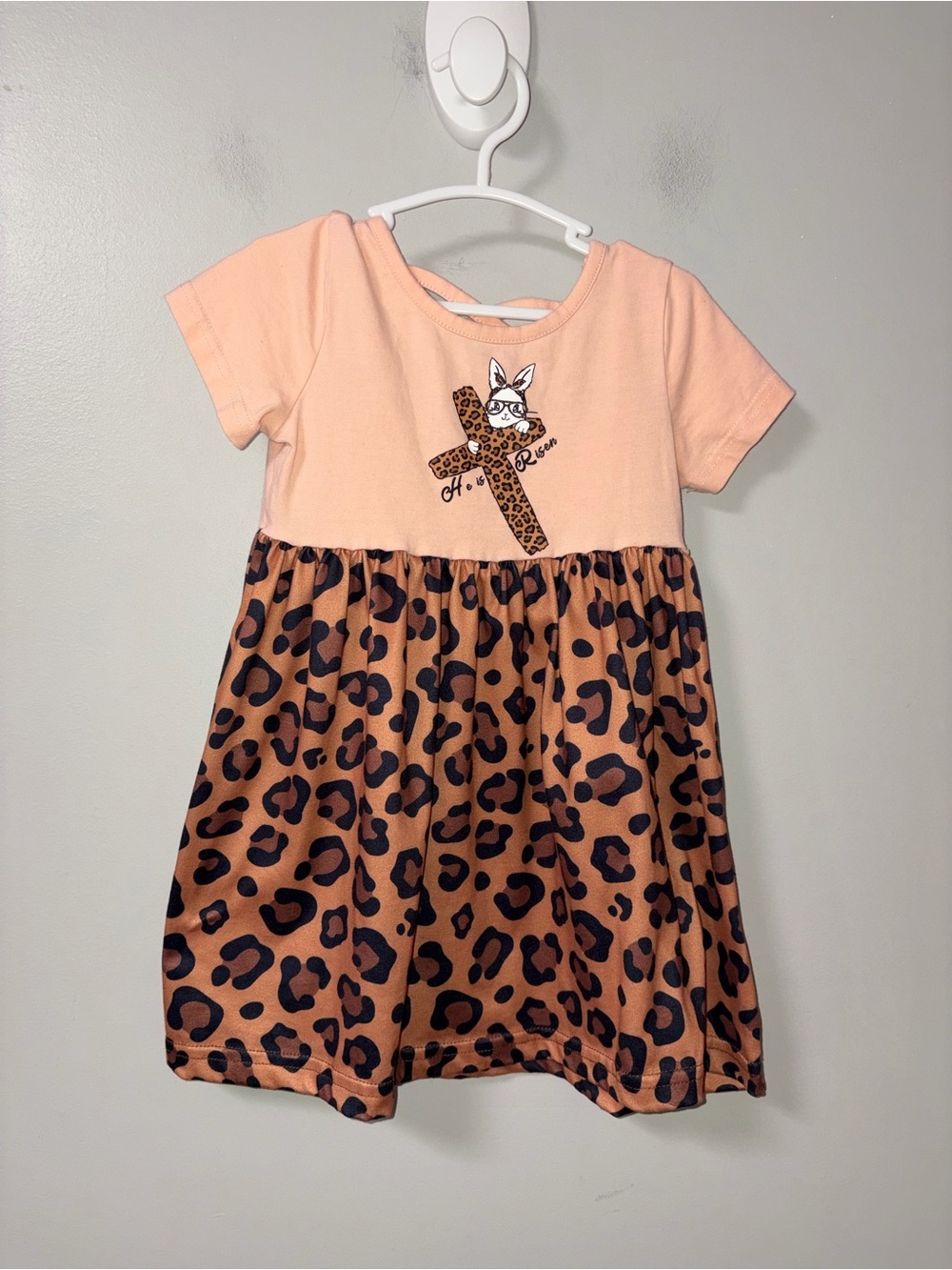 Marie Nicole Easter Bunny Cross Leopard Print He is Risen Dress S 2T